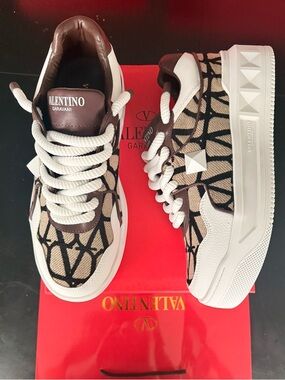 Valentino Garavani Brown, Beige & White Logo-Pattern Sneakers